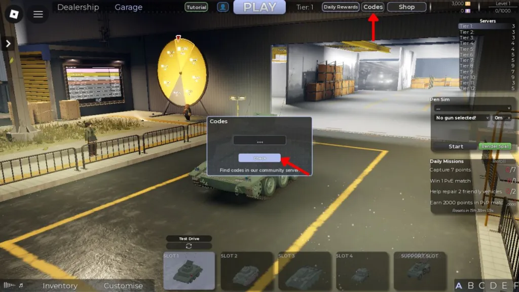 Schermata di riscattare i codici in Cursed Tank Simulator
