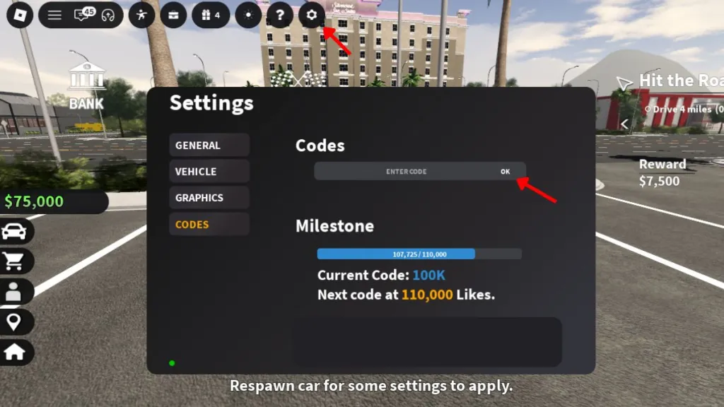 Schermata di riscatto dei codici in Corsa Legends