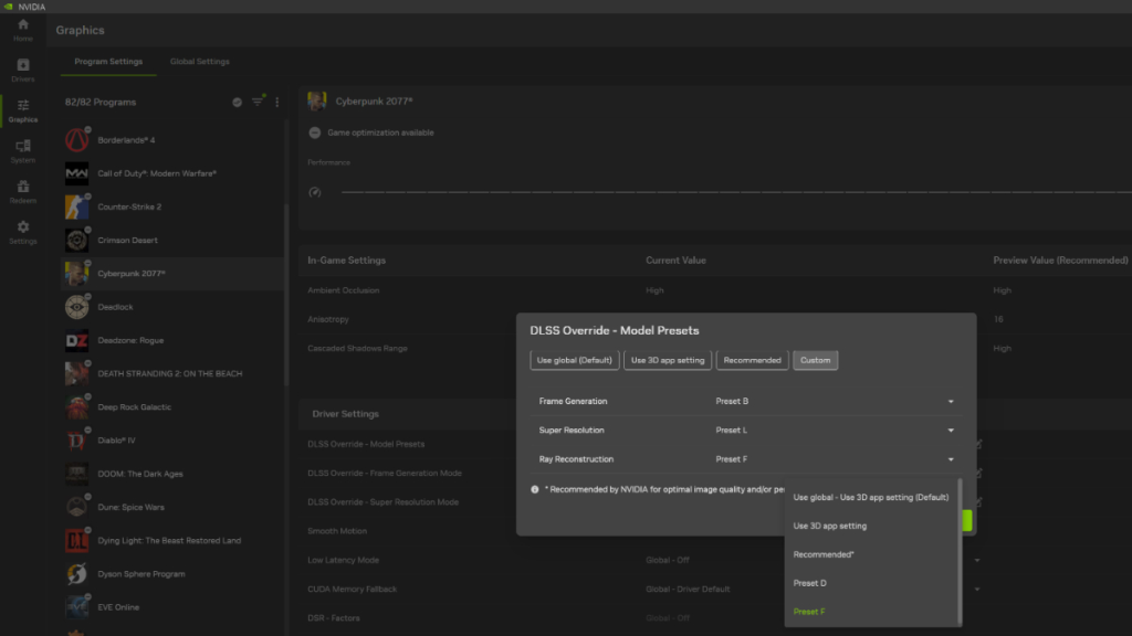 Impostazione DLSS 4.5 Ray Reconstruction tramite l’app Nvidia