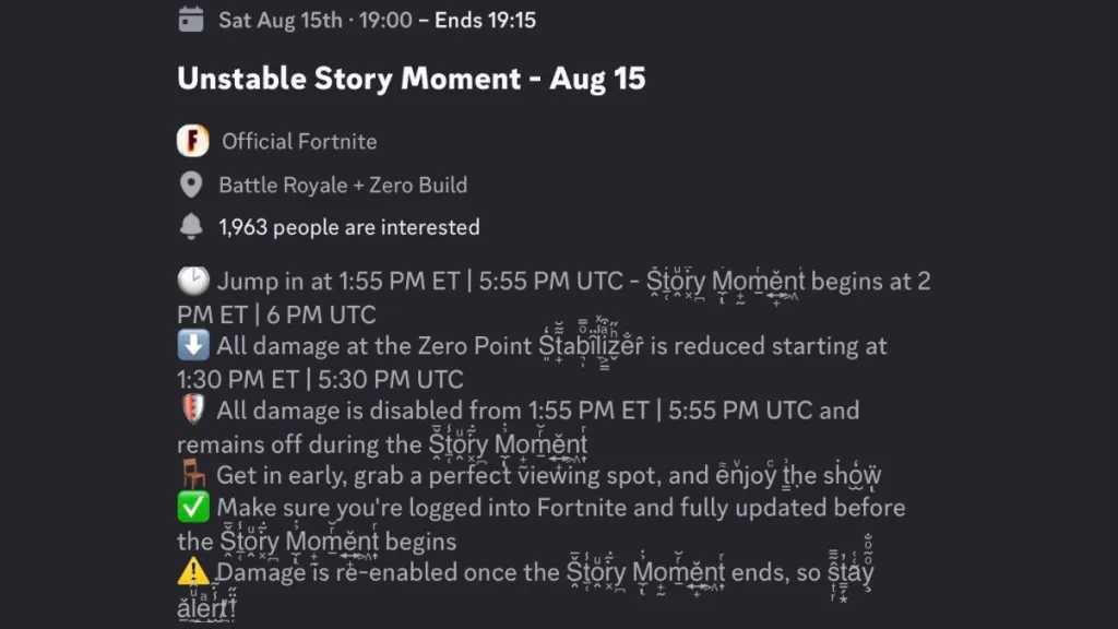 Durata dell'evento live Unstable di Fortnite mostrata su Discord