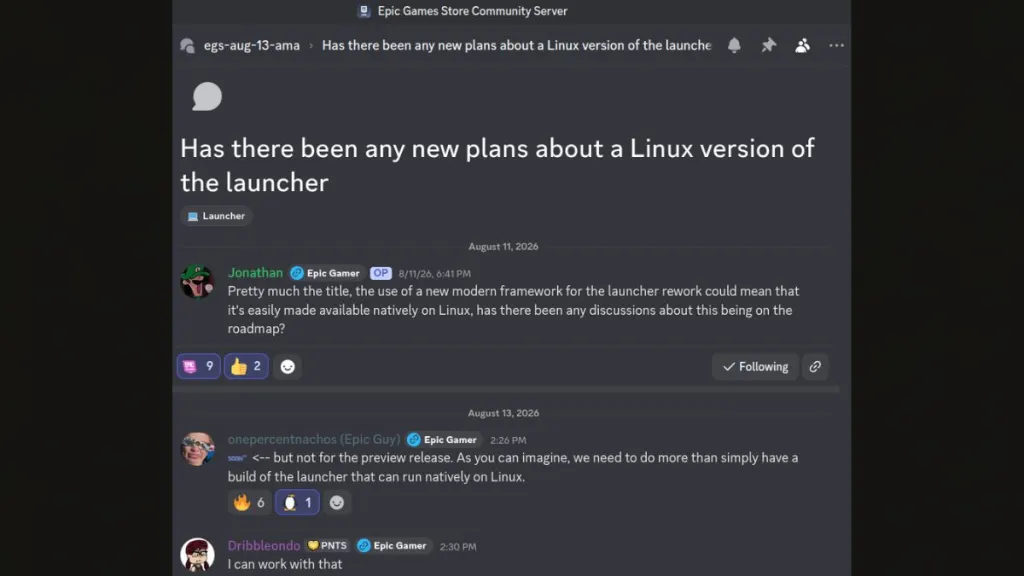 Screenshot della conferma del launcher Linux da parte di un dipendente di Epic Games su Discord
