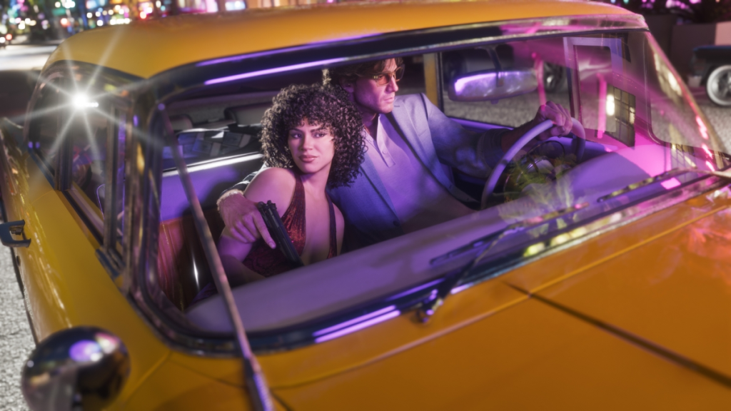 Jason e Lucia in un'auto gialla, scena di GTA 6