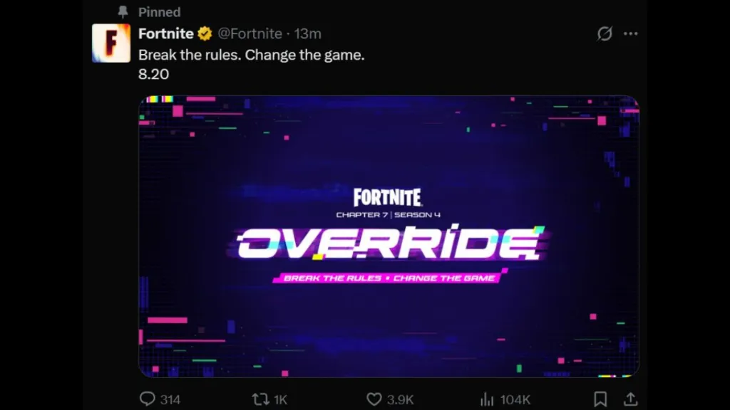 Logo della stagione Override di Fortnite, con grafica pixelata e glitch