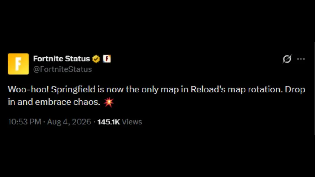 Screenshot dell'annuncio di Fortnite sulla mappa Springfield per la modalità Reload