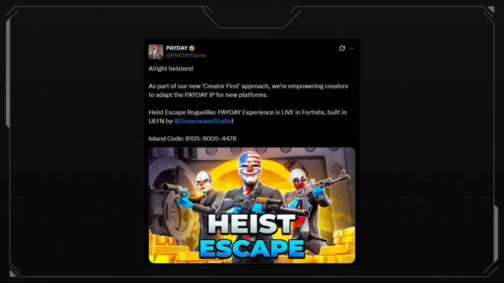 Screenshot della collaborazione tra Fortnite e Payday