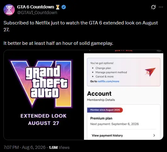 Screenshot del tweet di GTA 6 Countdown che mostra l'abbonamento a Netflix per l'Extended Look di GTA 6