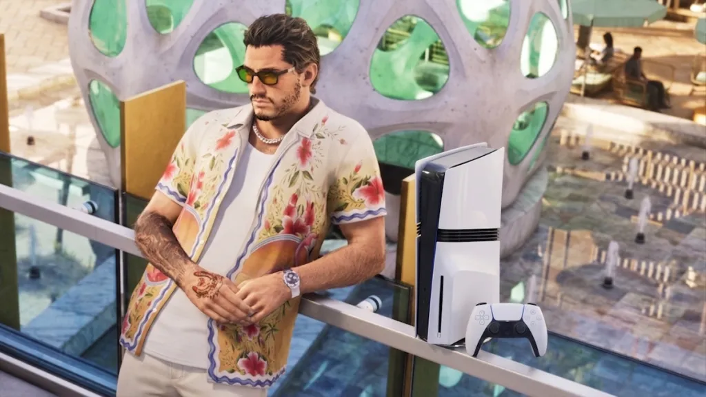 Jason Duval con una PS5 PRO mentre mostra GTA 6