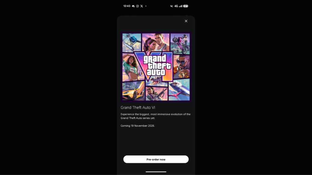 Notifica di pre‑ordine per GTA 6 visualizzata nell’app PlayStation