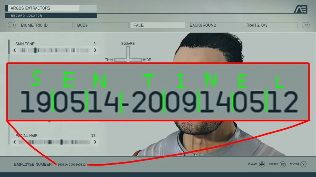 Menu di creazione personaggio di Starfield con codice numerico che svela la parola SENTINEL