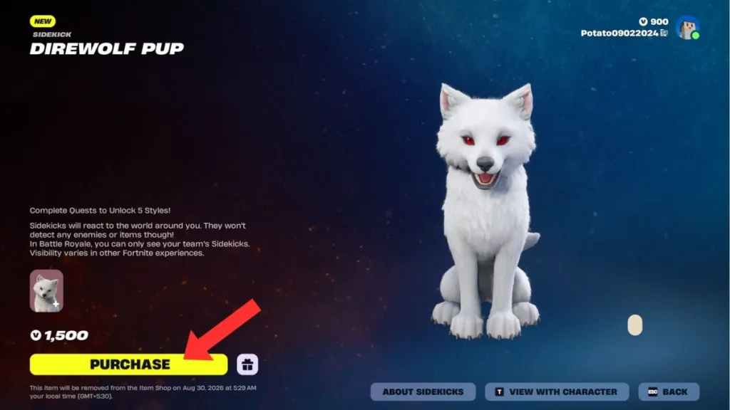 Direwolf Pup Sidekick disponibile nell'Item Shop di Fortnite