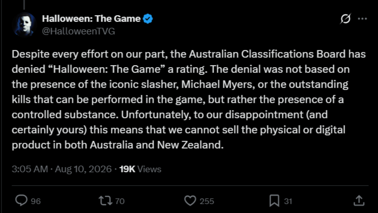 Dichiarazione di IllFonic su X riguardo al divieto di Halloween: The Game in Australia