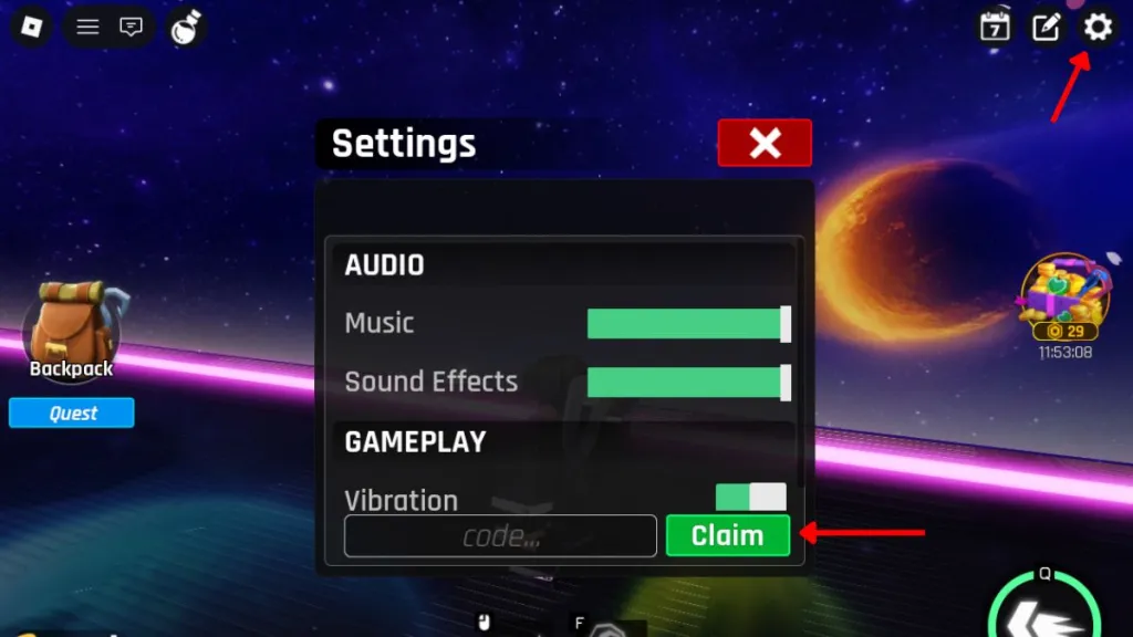 Schermata di riscatto dei codici nel gioco Hooked su Roblox