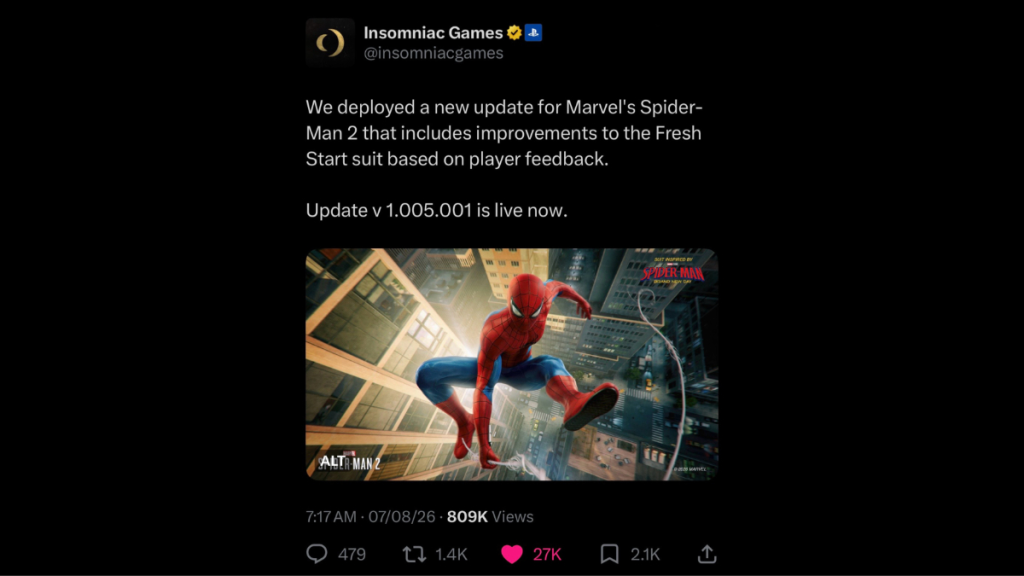 Screenshot del tweet di Insomniac Games che annuncia l'hotfix per la tuta Fresh Start di Marvel's Spider-Man 2.