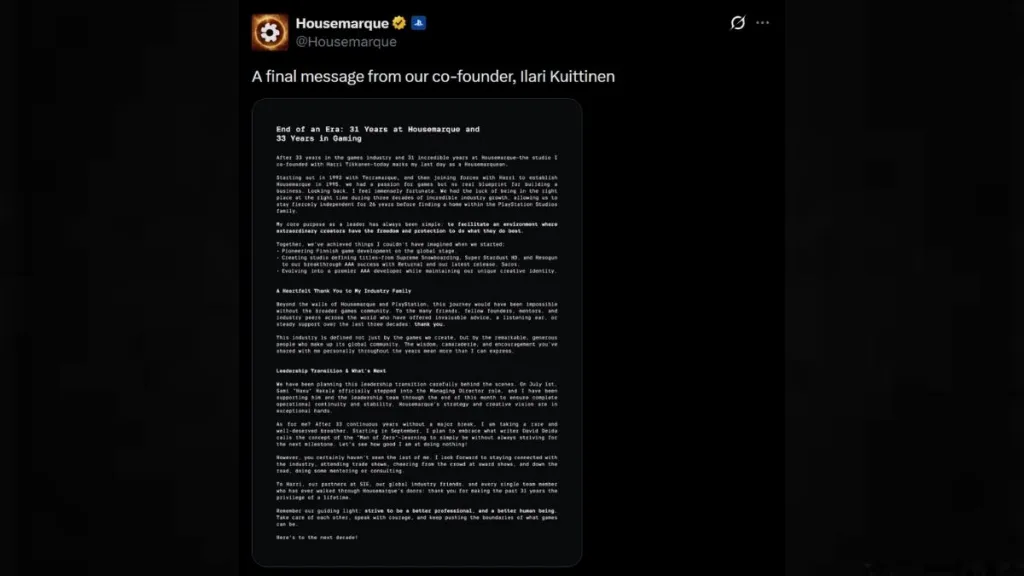 Ilari Kuittinen, co-fondatore di Housemarque, annuncia il pensionamento