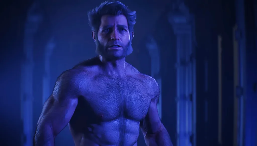 Logan senza maglietta, illuminato da una luce blu, in Marvel's Wolverine