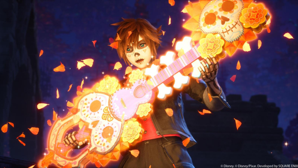 Sora nel mondo di Coco di Kingdom Hearts 4, con chitarra e festival Día de los Muertos