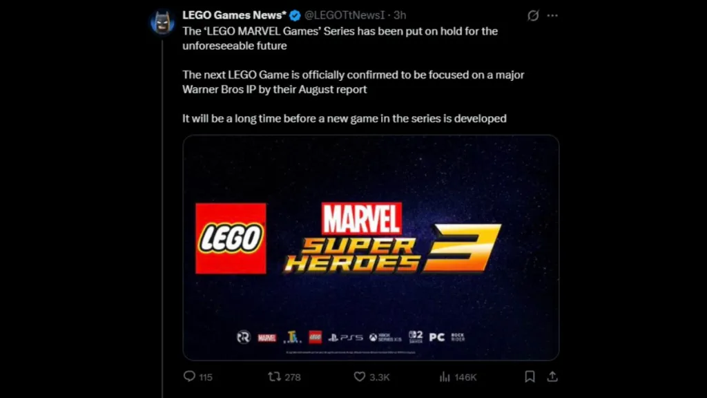 Post X che annuncia la sospensione dei giochi LEGO Marvel
