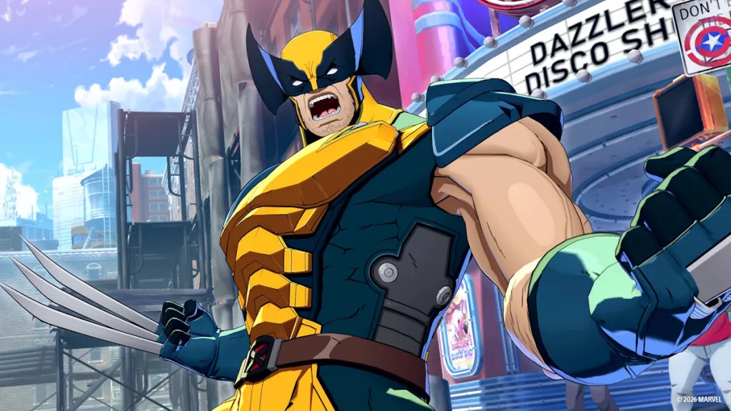 Wolverine in Marvel Tokon Fighting Souls, sullo sfondo di New York City