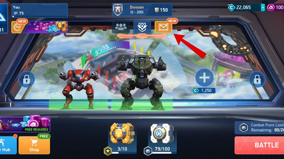 Menu principale di Mech Arena su dispositivo mobile
