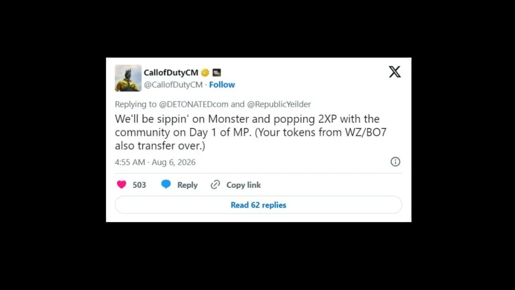 Screenshot del tweet del Community Manager di Call of Duty che conferma il trasferimento dei token 2XP