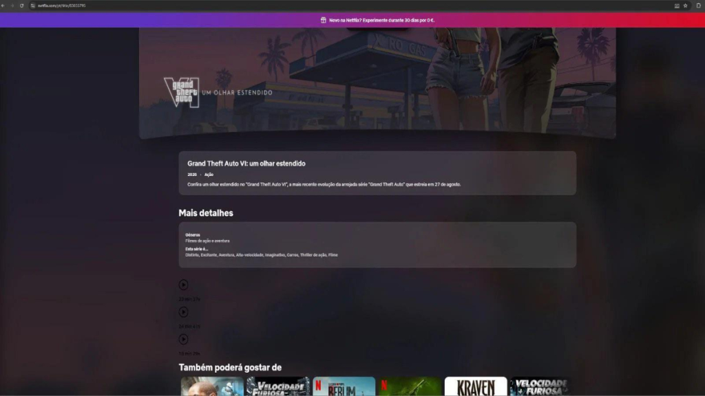 Pagina di Netflix Portugal che mostra i tre episodi dell'Extended Look di GTA 6