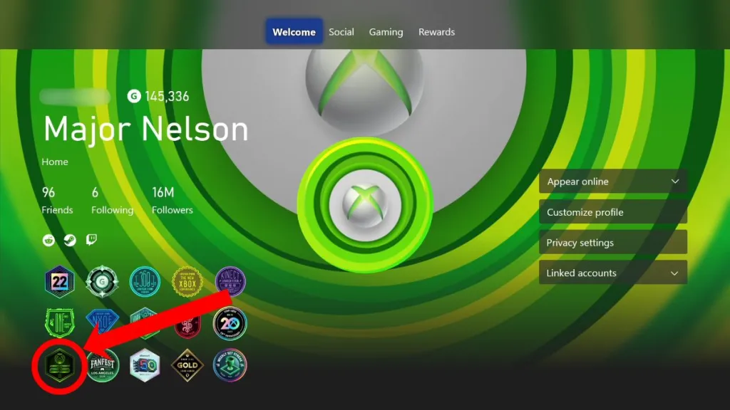 Badge Xbox 25° Anniversario visualizzato sul profilo