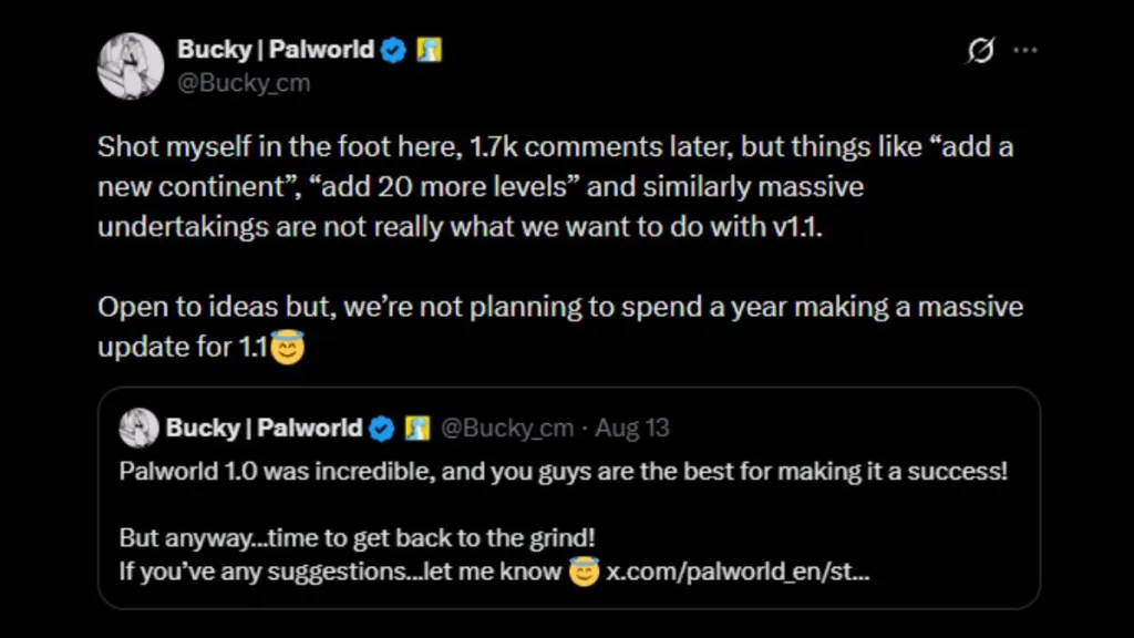 Commento di Bucky di Pocketpair sul futuro aggiornamento 1.1 di Palworld