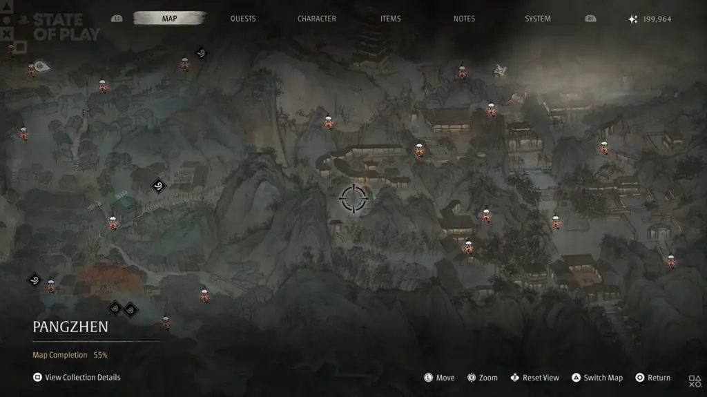Mappa di Phantom Blade Zero in stile disegno a inchiostro