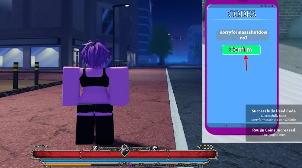 Schermata di riscossione dei codici Ryujin su Roblox