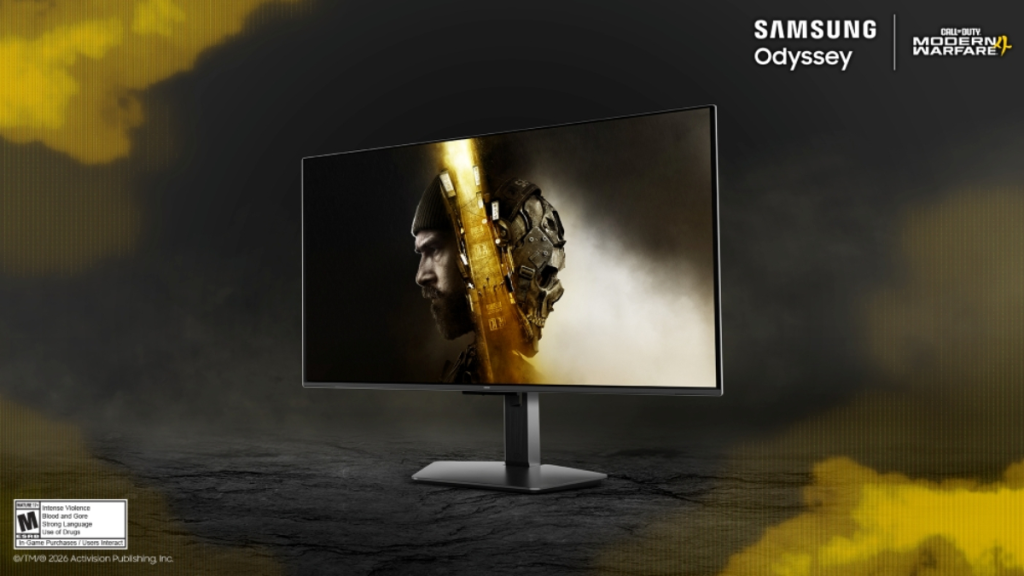 Promozione Samsung x Call of Duty: Modern Warfare 4 su monitor Odyssey, con grafica del gioco su sfondo grigio‑giallo