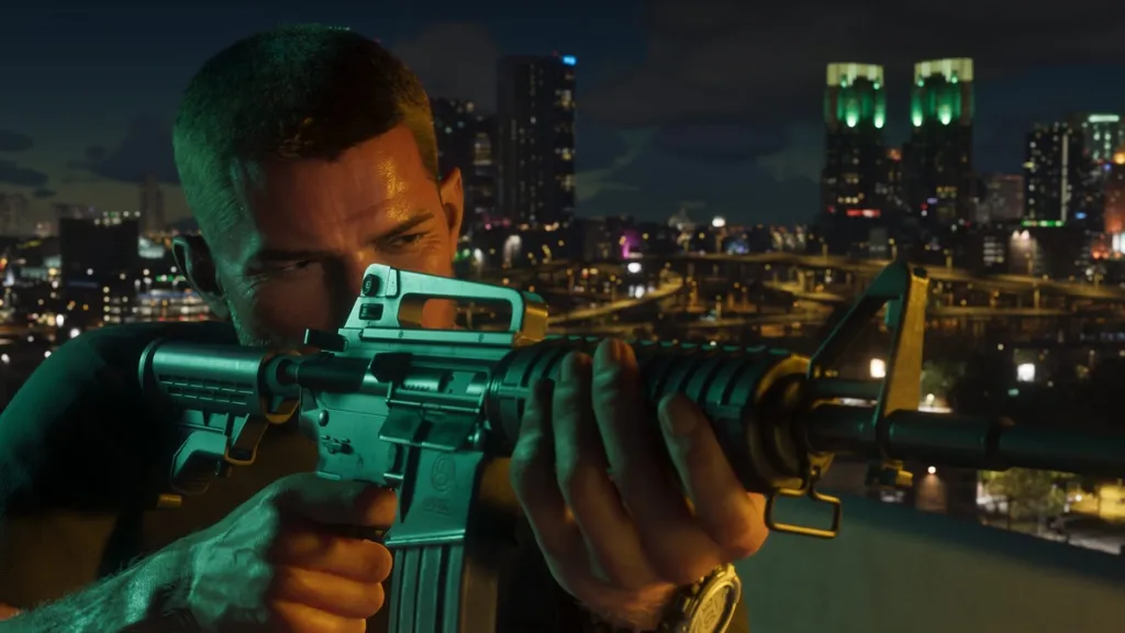 Personaggio Jason di GTA 6 che impugna una pistola di notte