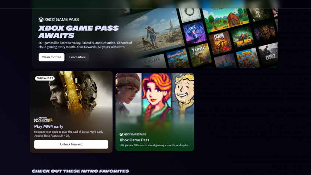 Promozione Call of Duty nella scheda Nitro Home dell'app Discord su desktop