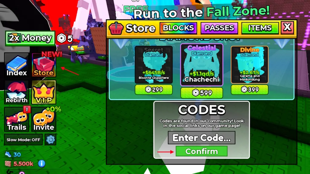 schermata per riscattare i codici di Fall For Brainrots