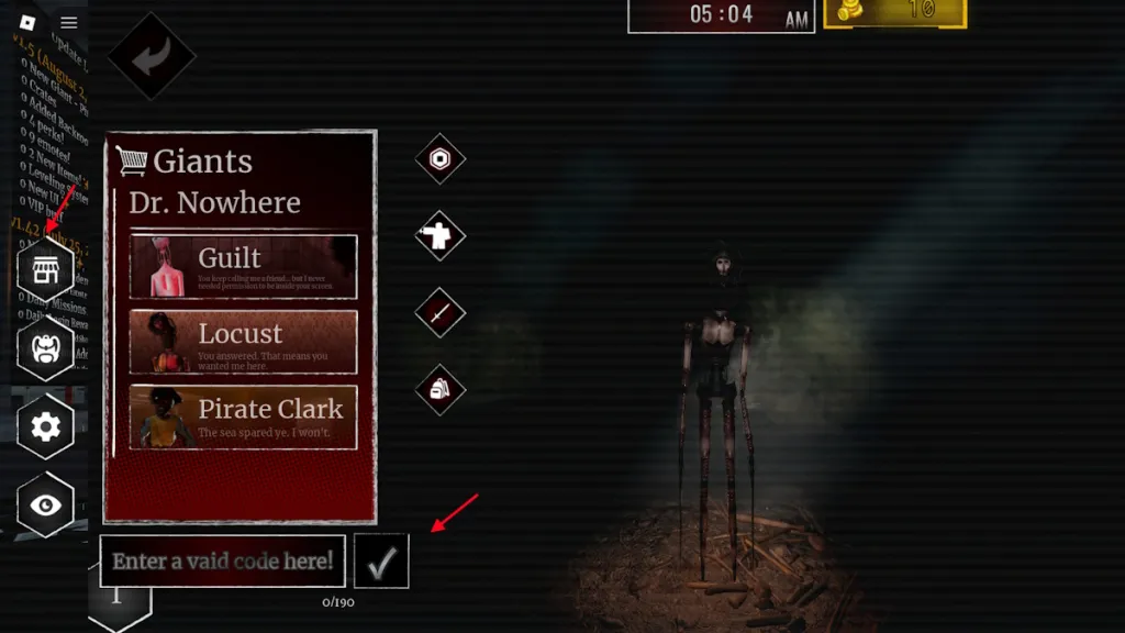Schermata di riscossione dei codici in Lurking Giants su Roblox