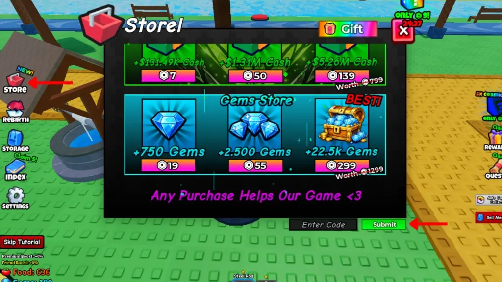 Schermata di riscattazione dei codici di Fish an Anime RNG