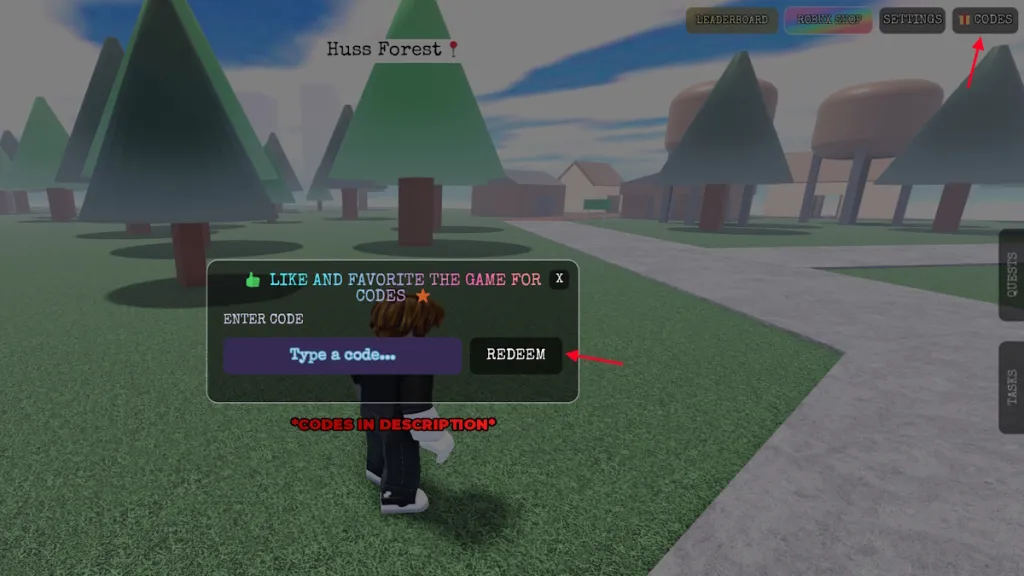 schermata di ritiro dei codici Escape Huss Valley su Roblox
