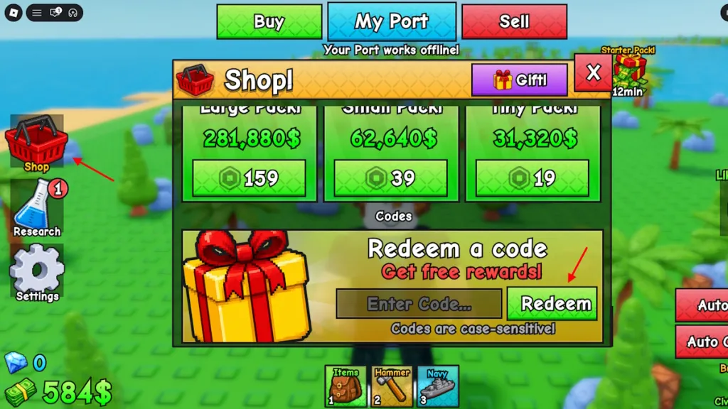Schermata di sblocco dei codici Navy War su Roblox
