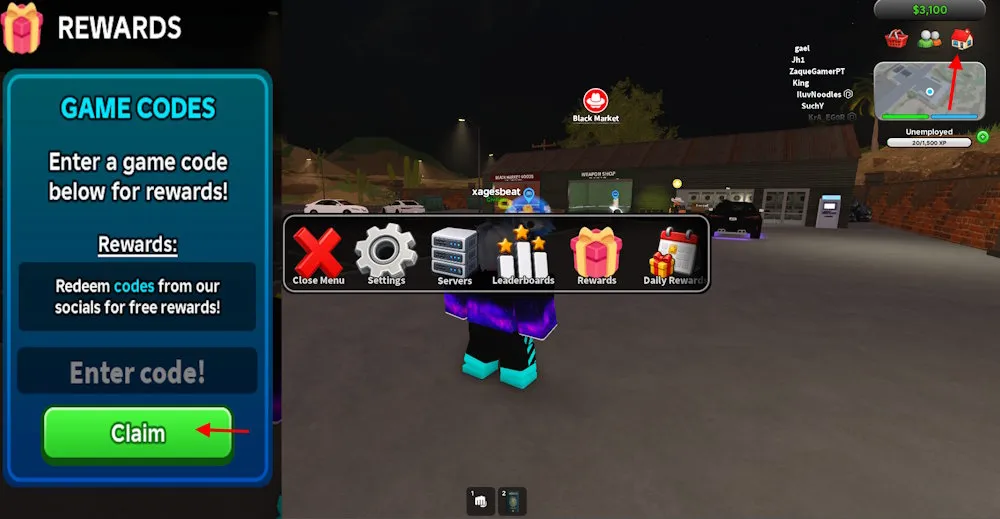 Schermata di riscatto dei codici per San Diego Border Roleplay su Roblox