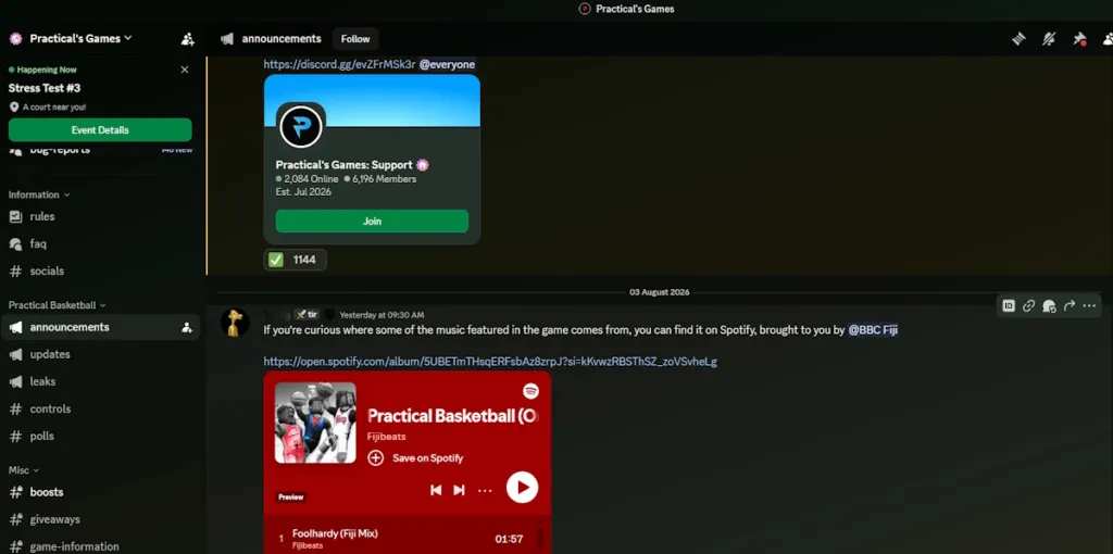 Screenshot del server Discord ufficiale di Practical Basketball