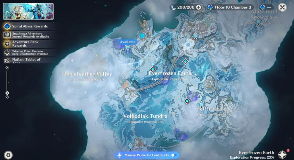 Mappa di Snezhnaya in Genshin Impact