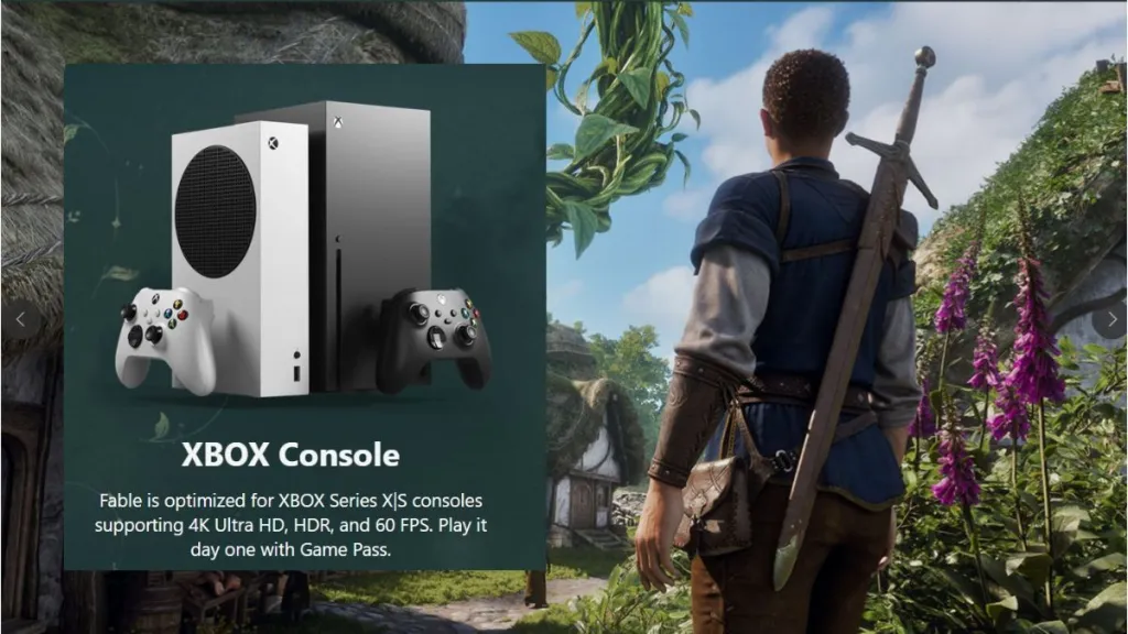 Personaggio di Fable accanto a una console Xbox, evidenziando l'ottimizzazione per Xbox Series X|S