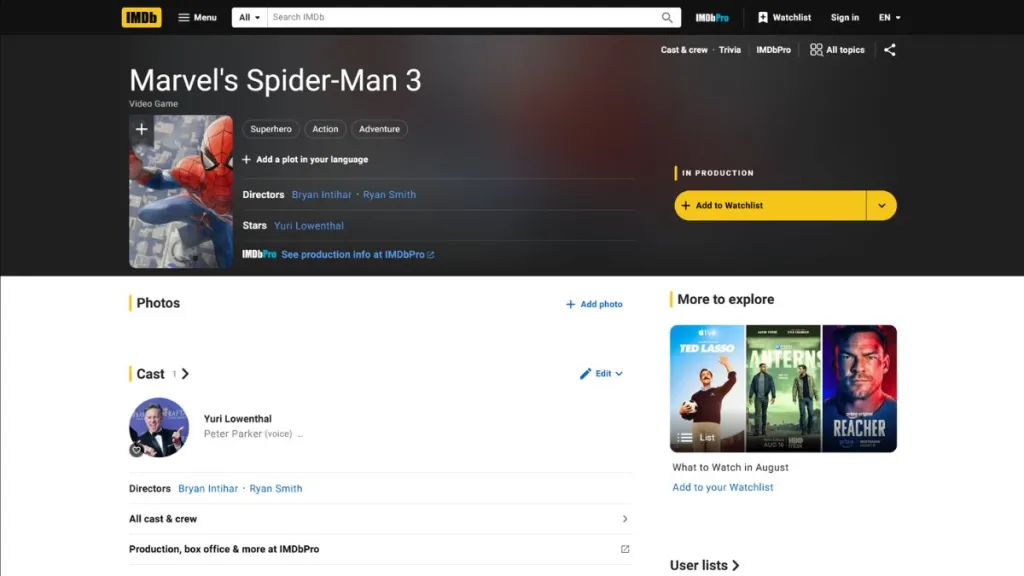 Pagina IMDb di Marvel's Spider-Man 3 – prova di sviluppo