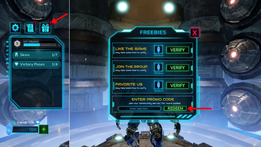 Schermata per riscattare i codici di Steel Crossfire