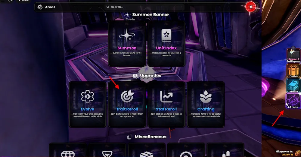 Area di reroll dei tratti in Anime Origins