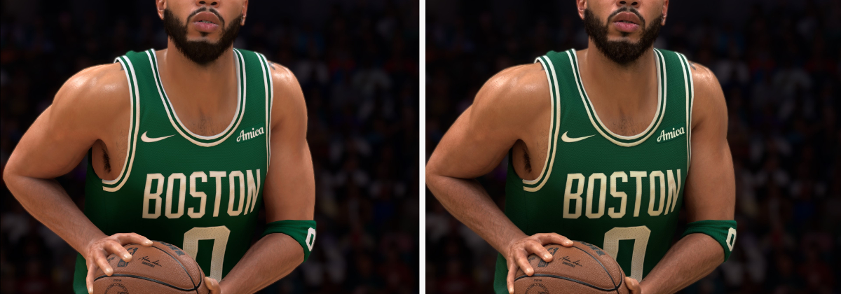NBA 2K27 comparison with NVIDIA DLSS 5 enabled and disabled.