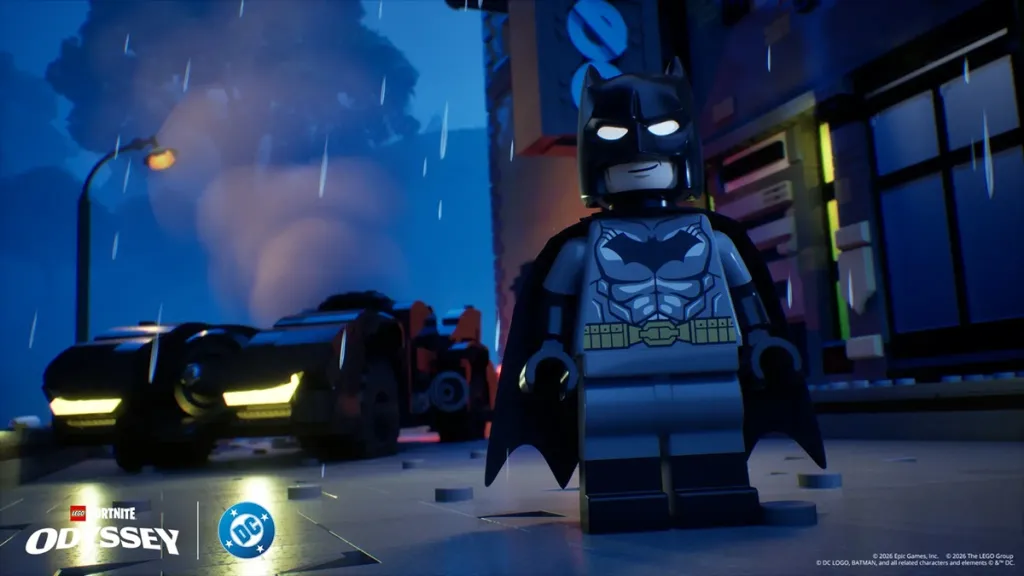 Batman con la Batmobile in LEGO Fortnite Odyssey