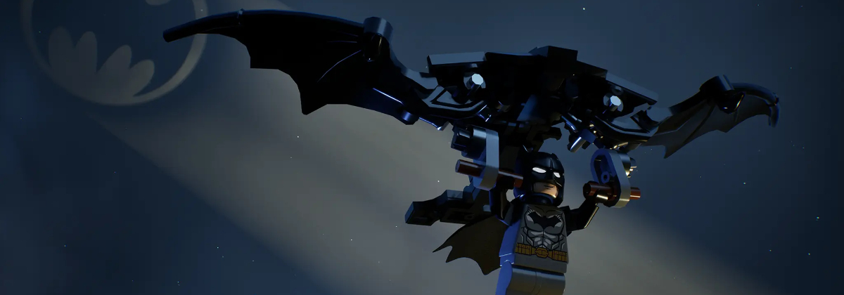LEGO Batman gliding with the Bat-glider in LEGO Fortnite Odyssey featured image.