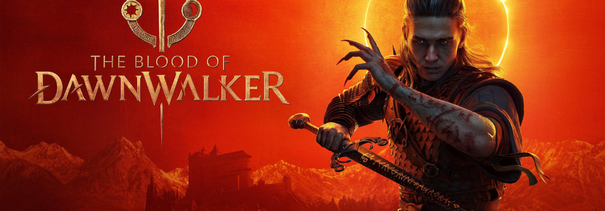 The Blood of Dawnwalker cover image featuring protagonist Coen posing with a sword on an orangish background.