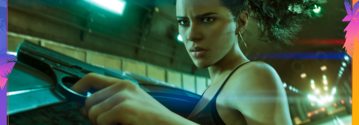 GTA 6 screenshot featuring Lucia in a car with a pistol.