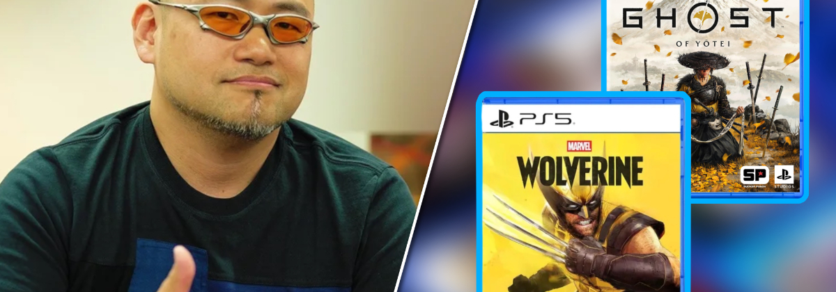 Hideki Kamiya putting a thumbs up (left), Ghost of Yotei and Marvel